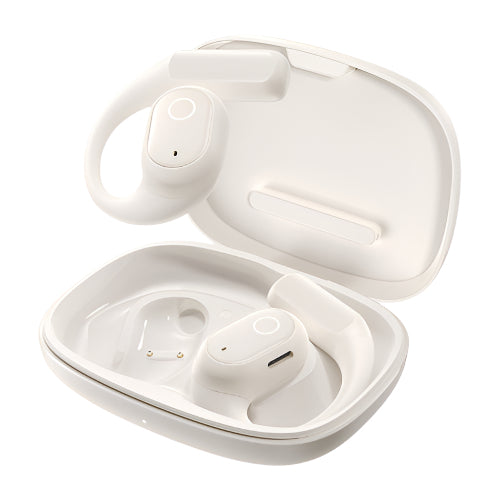 White wireless earbuds in a matching charging case on a white background