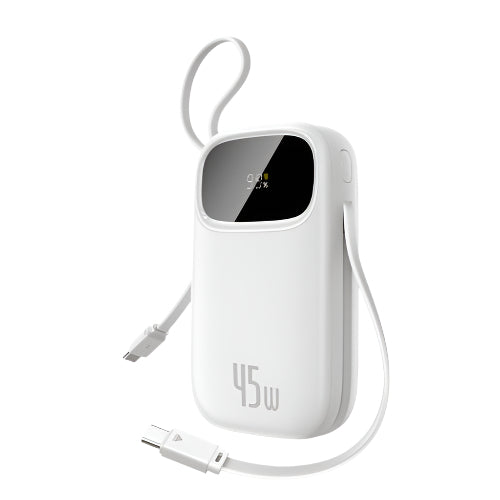 White power bank with digital display and cable on a white background
