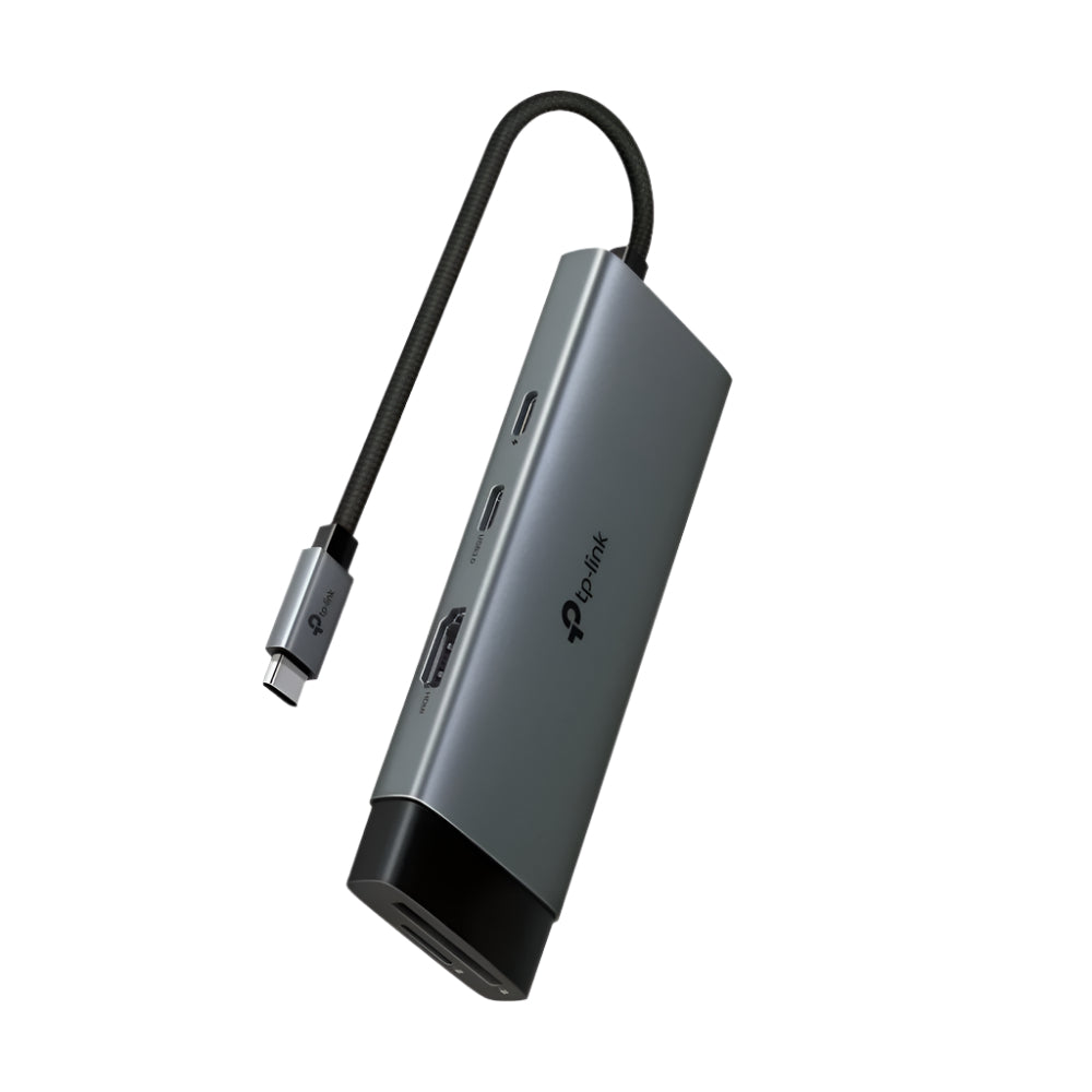 Tp-link USB Type-C 7-Port Hub & 9 in 1 USB-C Hub in grey color with a cable attached to it.