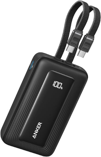 Black Anker power bank with digital display and USB cable on a white background
