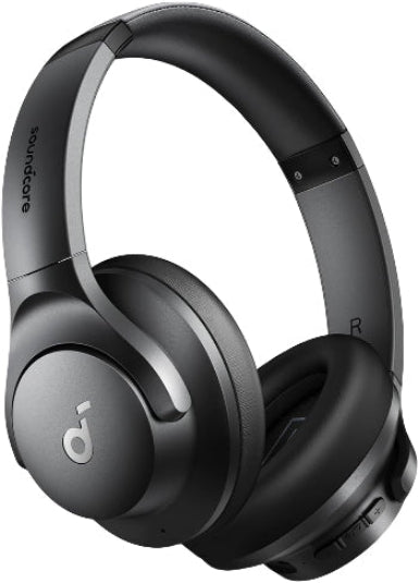 Black over-ear headphones with 'soundcore' branding on a white background