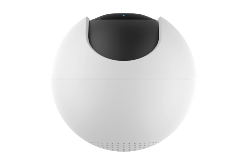 White spherical device with black top on a white background