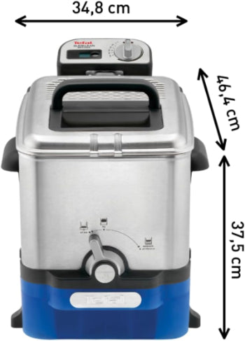 Stainless steel and blue appliance with dimensions labeled