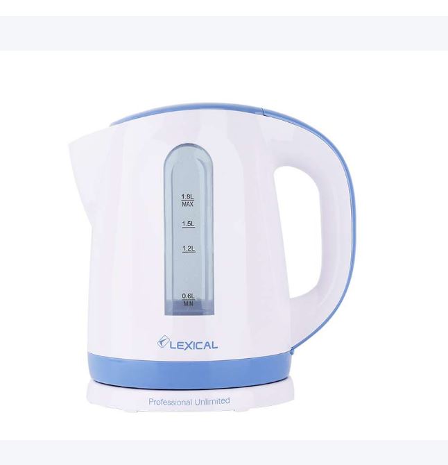 A white Lexical electric kettle with a blue accent, featuring a digital display and a curved handle.
