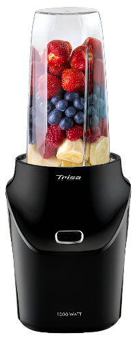 Black Trisa blender with fruits inside on a white background
