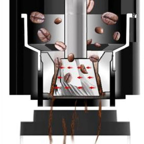 Diagram of a coffee roasting process with coffee beans and heat elements.