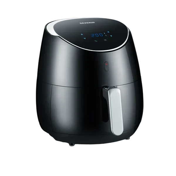 Black air fryer with digital display on a white background