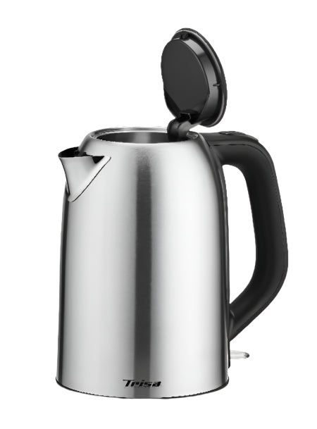 Stainless steel electric kettle with black handle on a white background