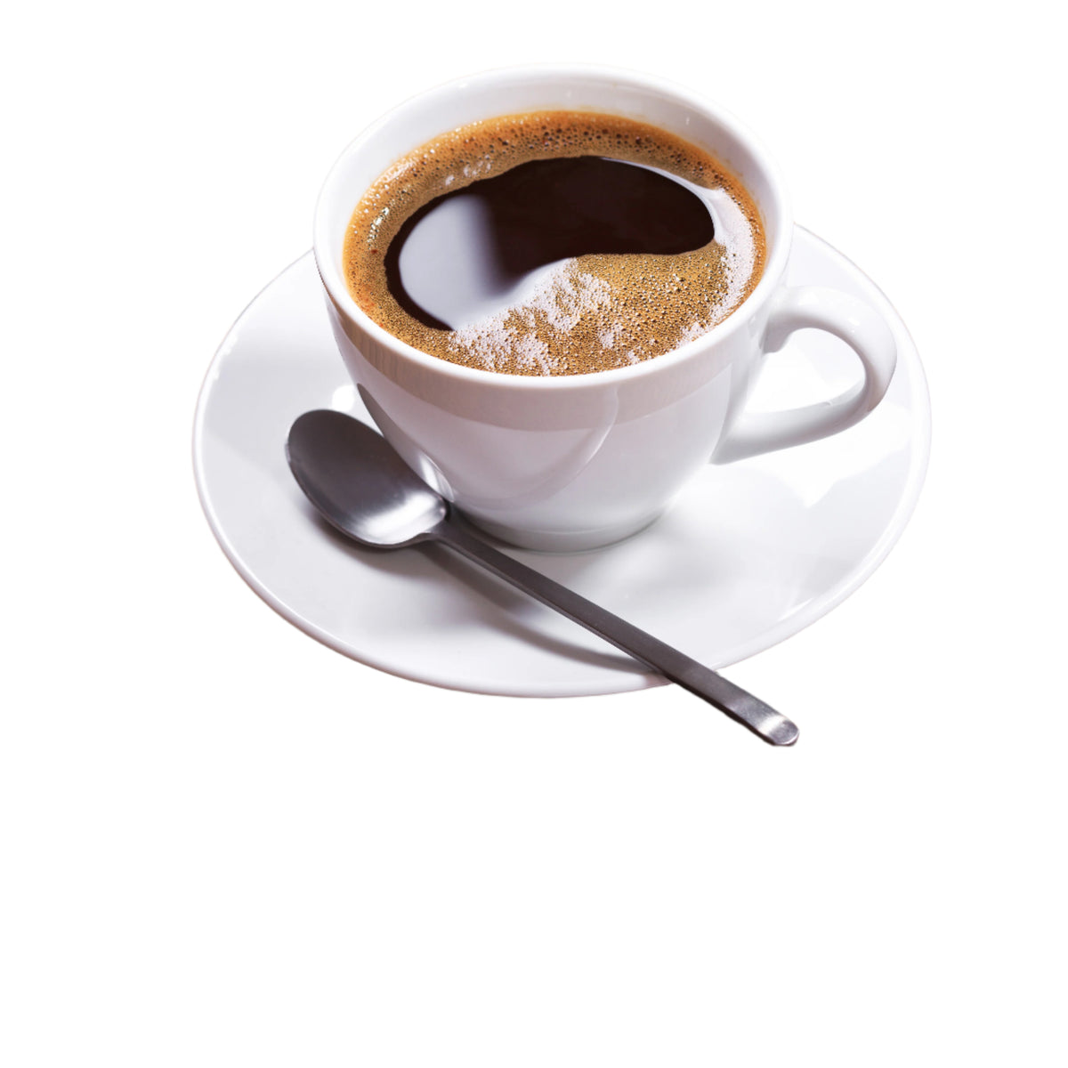 White coffee cup with a spoon on a wooden table, labeled '4-12 Cups'.