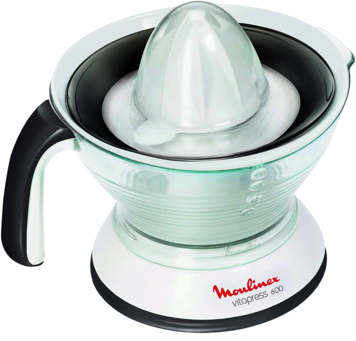 Moulinex Vita Press Juicer in white color with a clear juicing bowl and black accents on the handle and base.