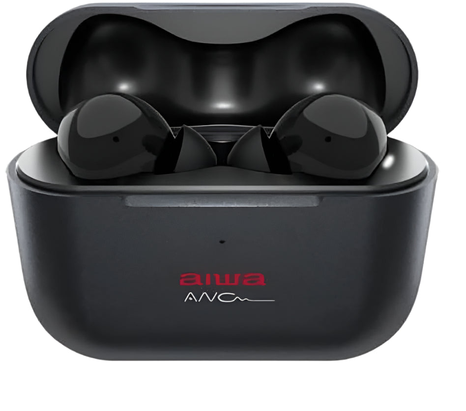 Black wireless earbuds in an open charging case with 'aiwa' branding.