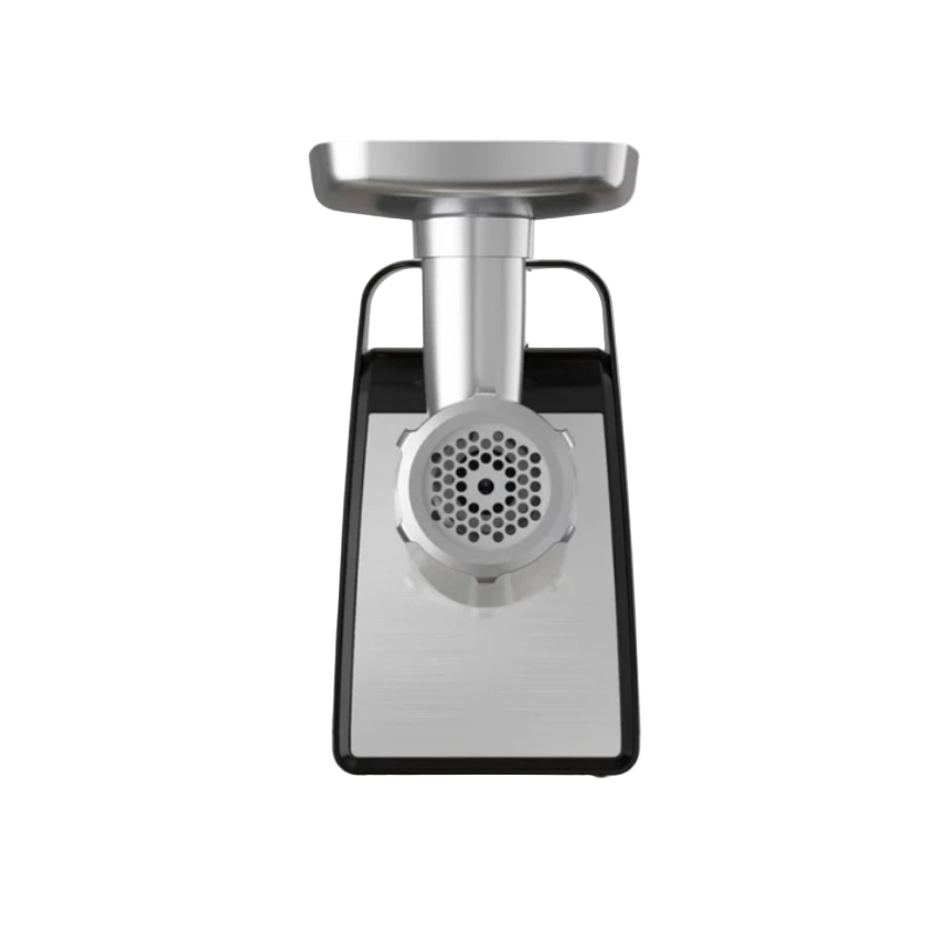 Stainless steel meat grinder on a white background