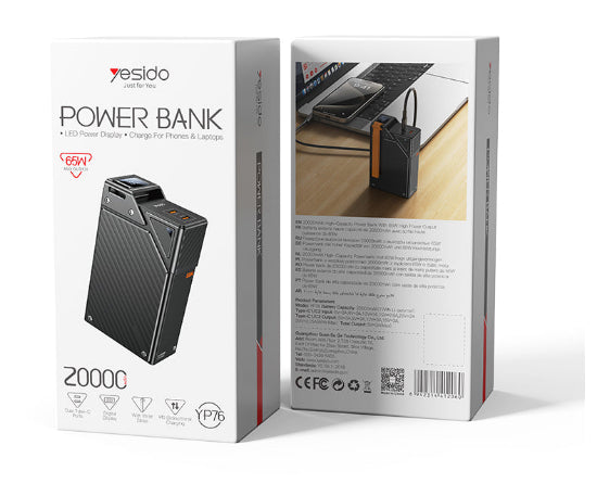 Yesido Fast Charging Power Bank, 65Watts, 20000Mah, Black