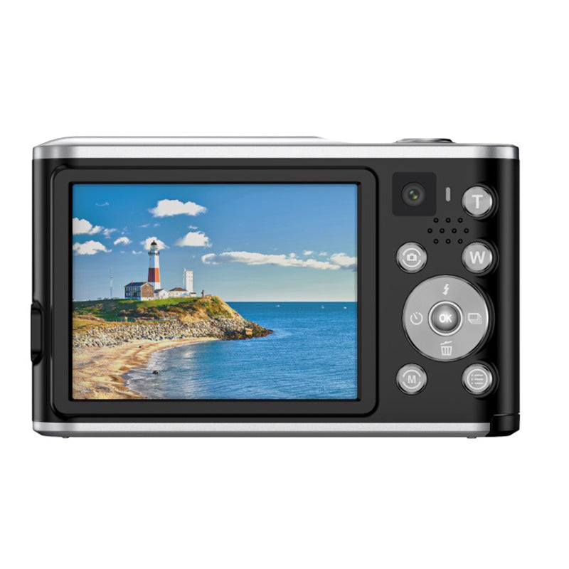 Digital camera with a screen displaying a lighthouse scene on a white background