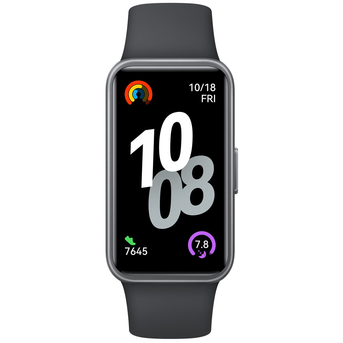 Huawei Band 10 smartwatch with a black plastic frame and a black strap, displaying time and fitness metrics on its screen.