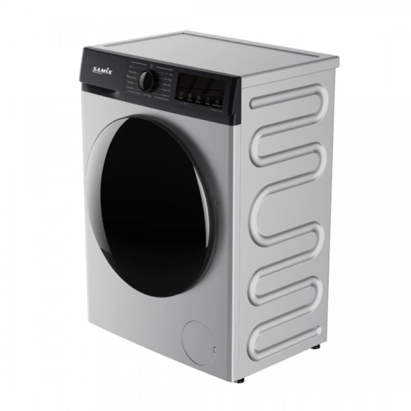 Gray washing machine with black door on a white background