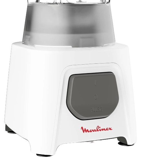 White blender with a gray base and ' Moulinex' branding on a white background