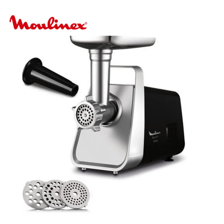 Moulinex meat grinder with attachments on a white background