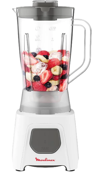 Blender with a container of fruits and vegetables on a white background