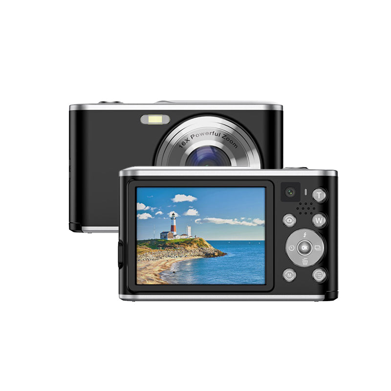 Digital camera with a screen displaying a lighthouse image on a white background