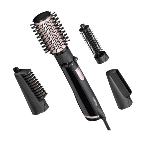 BaByliss Rotating Air Brush in black color with different brush attachments displayed alongside.