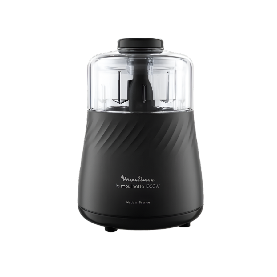 Black food chopper with clear container on a white background