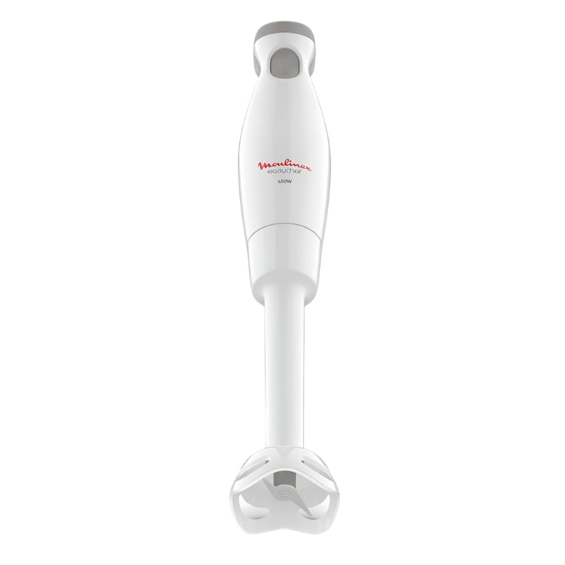 White immersion blender with red logo on a white background