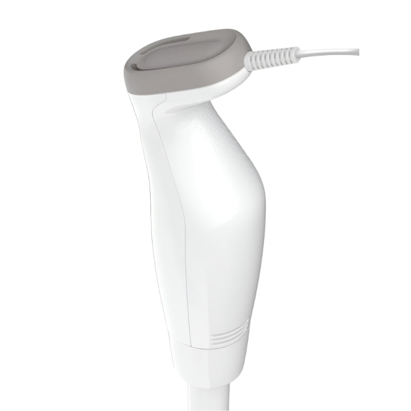 White handheld device with a gray top on a white background