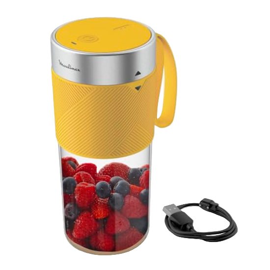 Yellow portable blender with berries inside on a white background