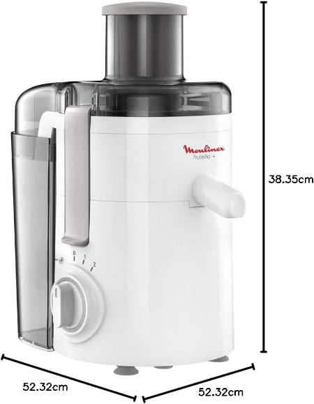 White juicer with clear plastic components on a white background, featuring Moulinex branding.