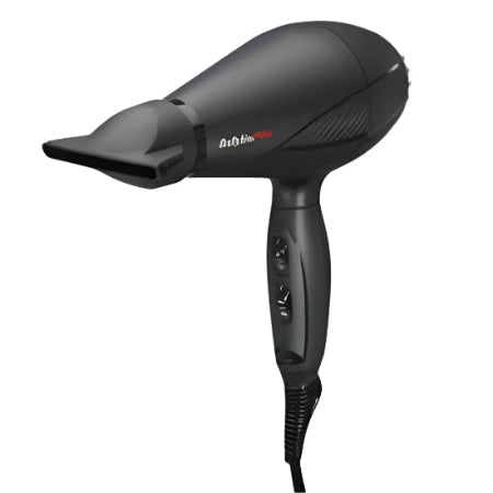 Black hair dryer with visible brand logo on a white background
