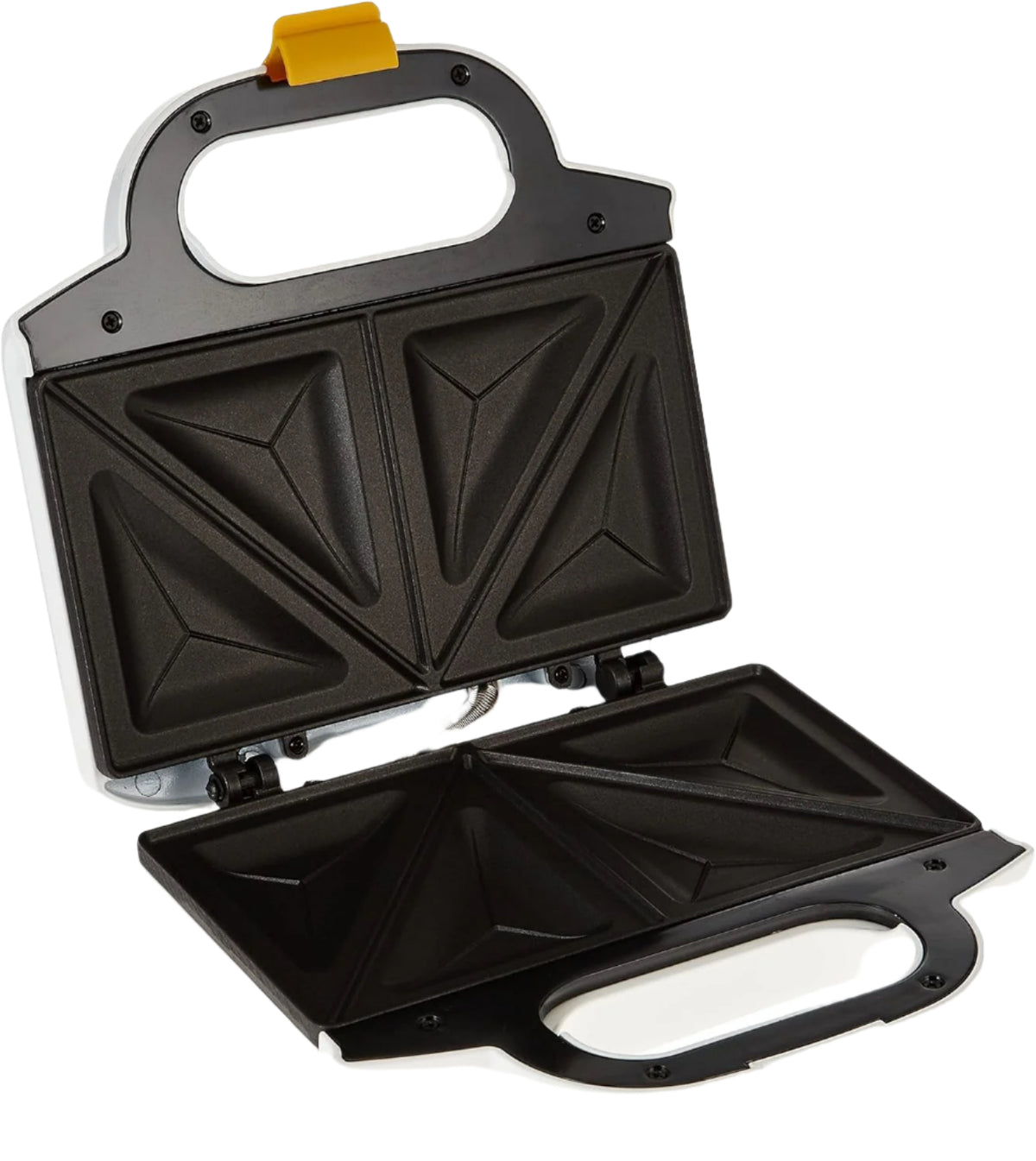 Black sandwich toaster with a white base on a white background