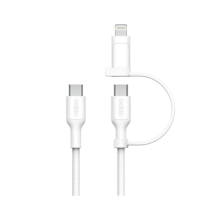 Belkin Boost Charge 2in1 USB-C to USB-C Braided Cable with Lightning adapter, 1.5Mm, White