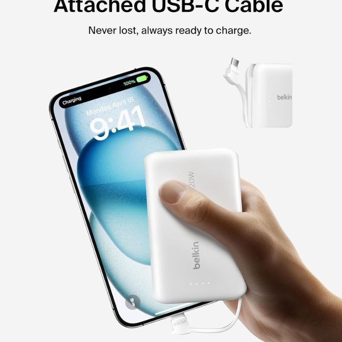 Belkin Boost Charge Power Bank 10000Mah, PD 20Watts with USB-C, Integrated Cable and USB-C Port, White