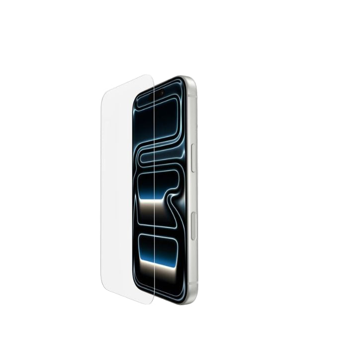 Smartphone with a reflective screen protector on a white background