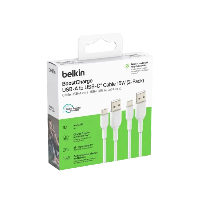 Belkin Boost Charge USB-C to USB-A, 1Mm, 2Pack, White