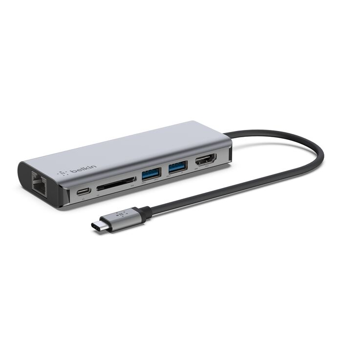 Belkin USB-C Multiport Adapter 6-in-1, 2 x USB A 3.0 (5Gpbs), 1 x HDMI 4k, GbE, 1 x USB, Grey