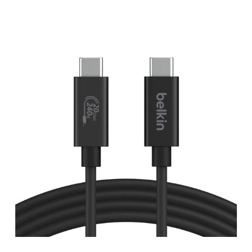 Black Belkin USB-C cable on a white background