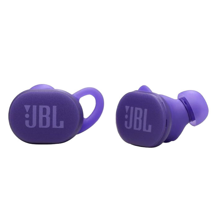 Purple JBL wireless earbuds on a white background