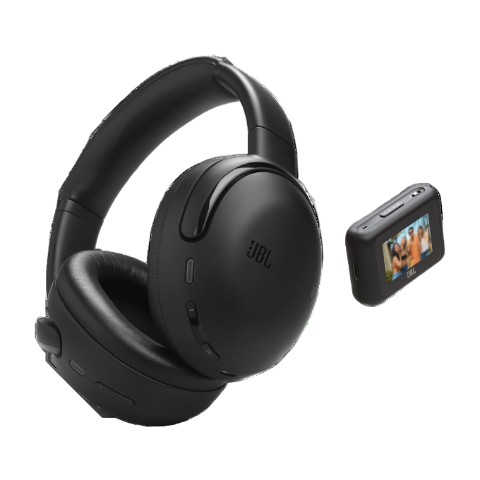 Black JBL headphones with a small display device on a white background