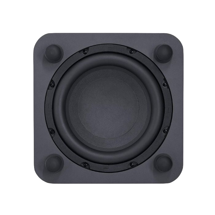 Black speaker subwoofer on a white background