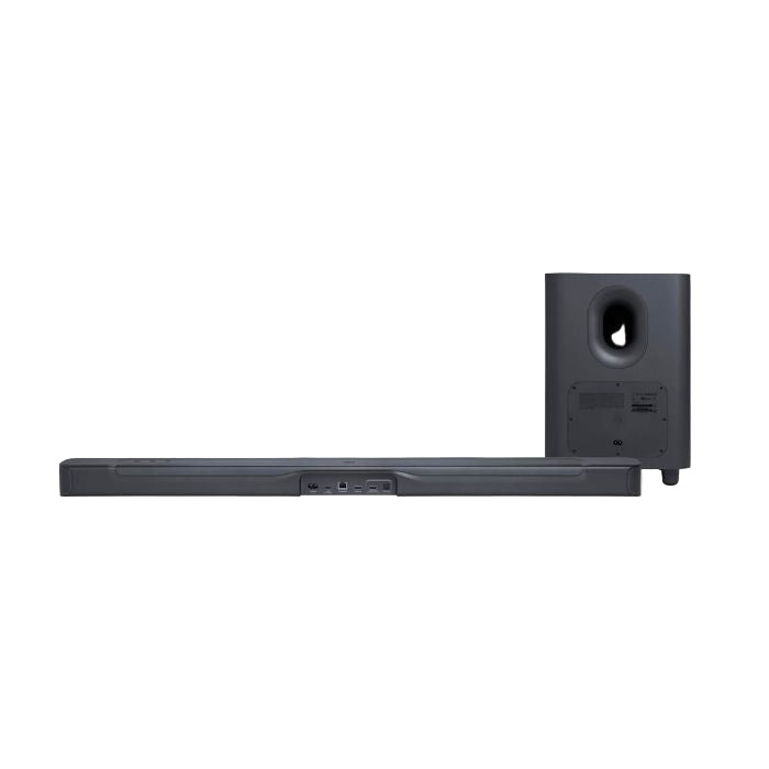 Black soundbar with subwoofer on a white background
