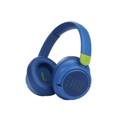 Blue JBL headphones with a green label on a white background