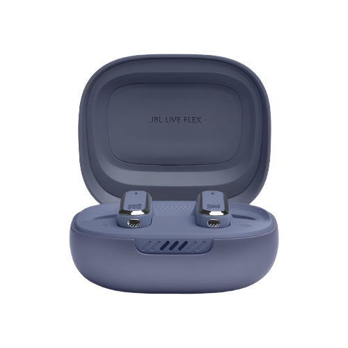 Blue JBL Live Flex wireless earbuds in charging case on a white background