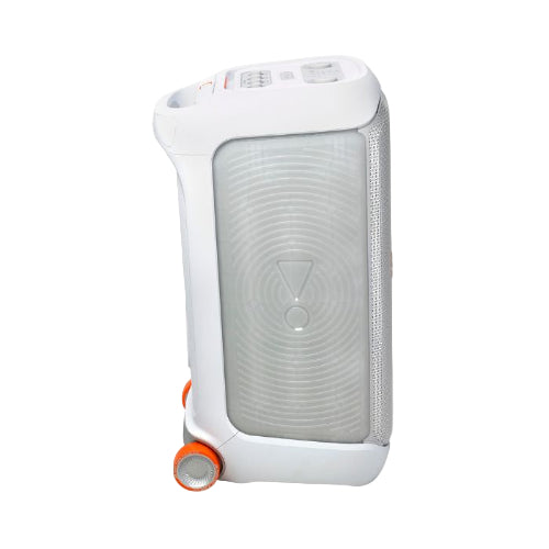 White and gray electronic device with an orange button on a white background