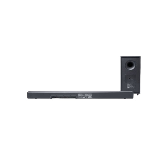 Black soundbar with a subwoofer on a white background