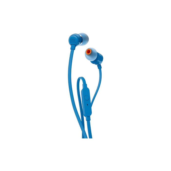 Blue in-ear headphones with a white background