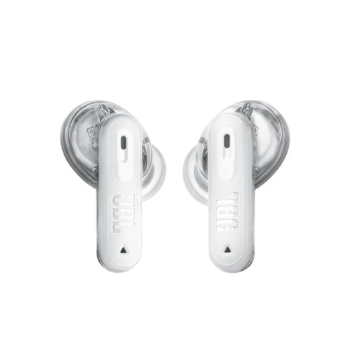 White JBL wireless earbuds on a white background
