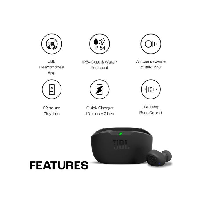 JBL wireless earbuds with features listed on a white background