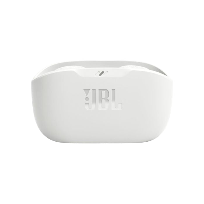 White JBL wireless earbuds on a white background